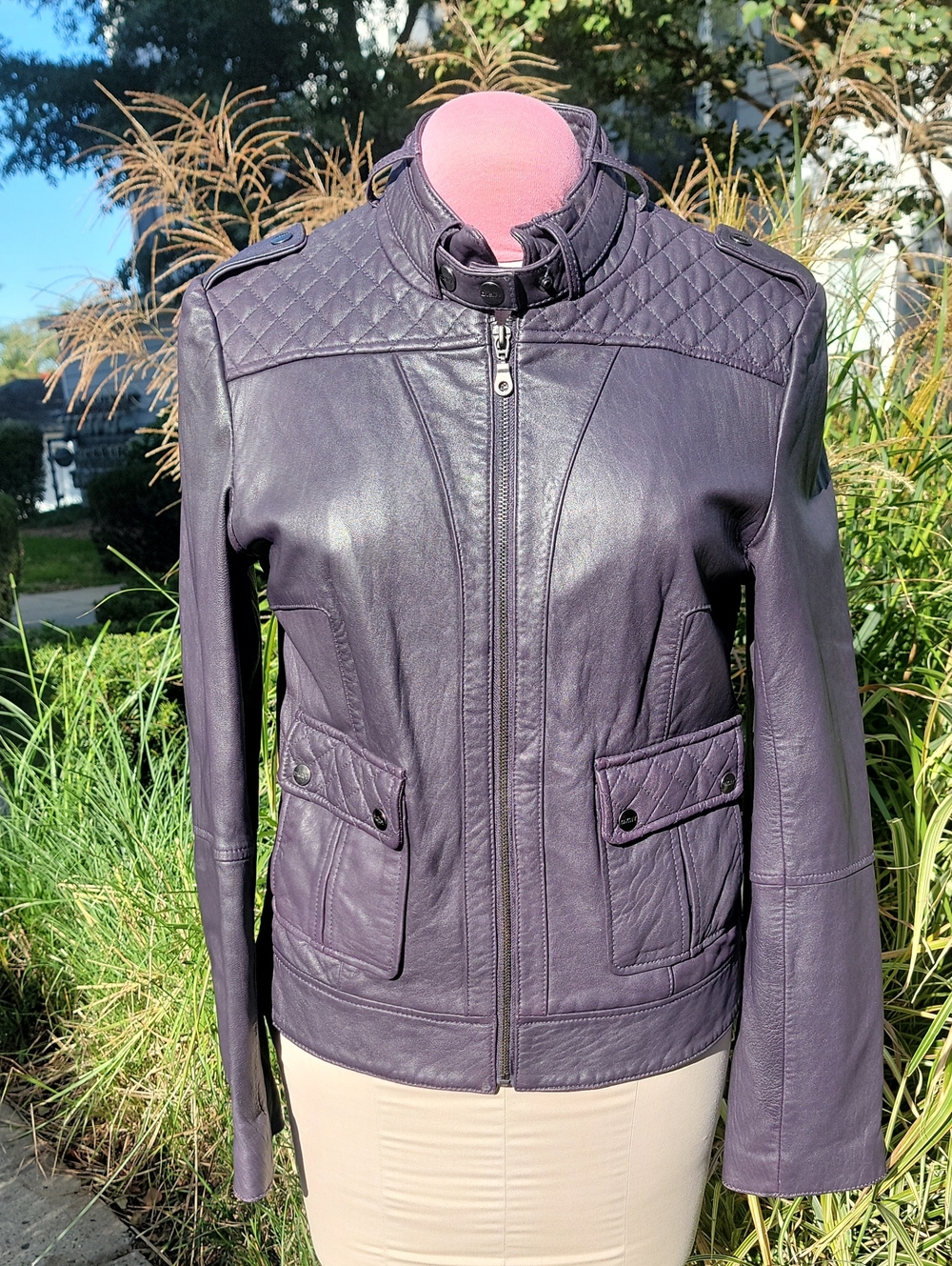DKNY Women's Quilted Leather Jacket - Purple